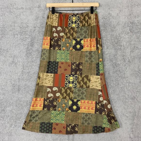 Rowme Maxi Skirt Women M Brown Floral Patchwork Gypsy Hippie Tiered A-Line Boho - Picture 1 of 9